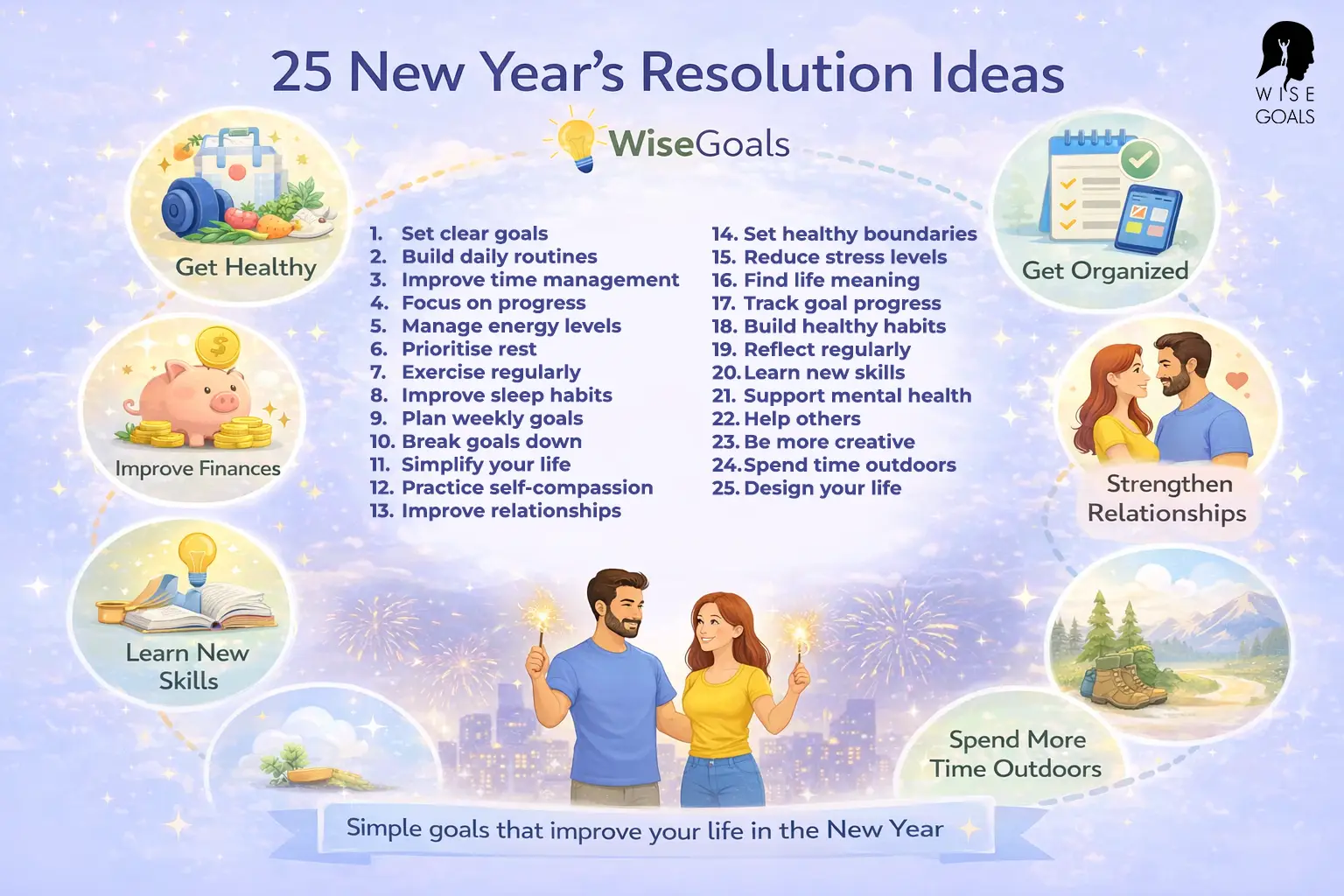 25 New Year’s resolution ideas focused on goal setting, habits, wellbeing, relationships, and personal growth by WiseGoals