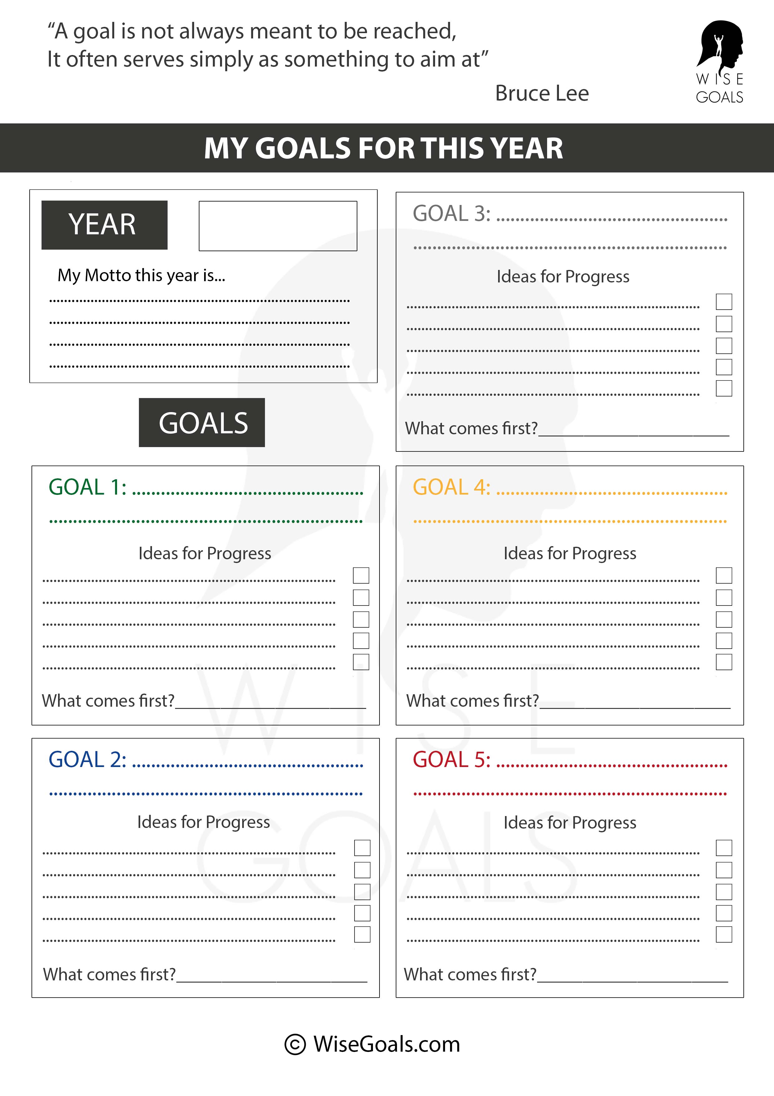 Annual Goal Planning Worksheet by WiseGoals: A structured template for setting and achieving yearly goals. Features sections for creating a yearly motto, brainstorming ideas for progress, and outlining the first steps toward success. Designed to help users stay focused, motivated, and organized throughout the year. Ideal for comprehensive goal setting