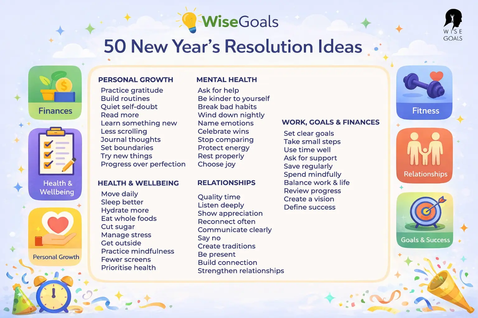 50 New Year’s resolution ideas grouped into personal growth, mental health, health, relationships, and goals