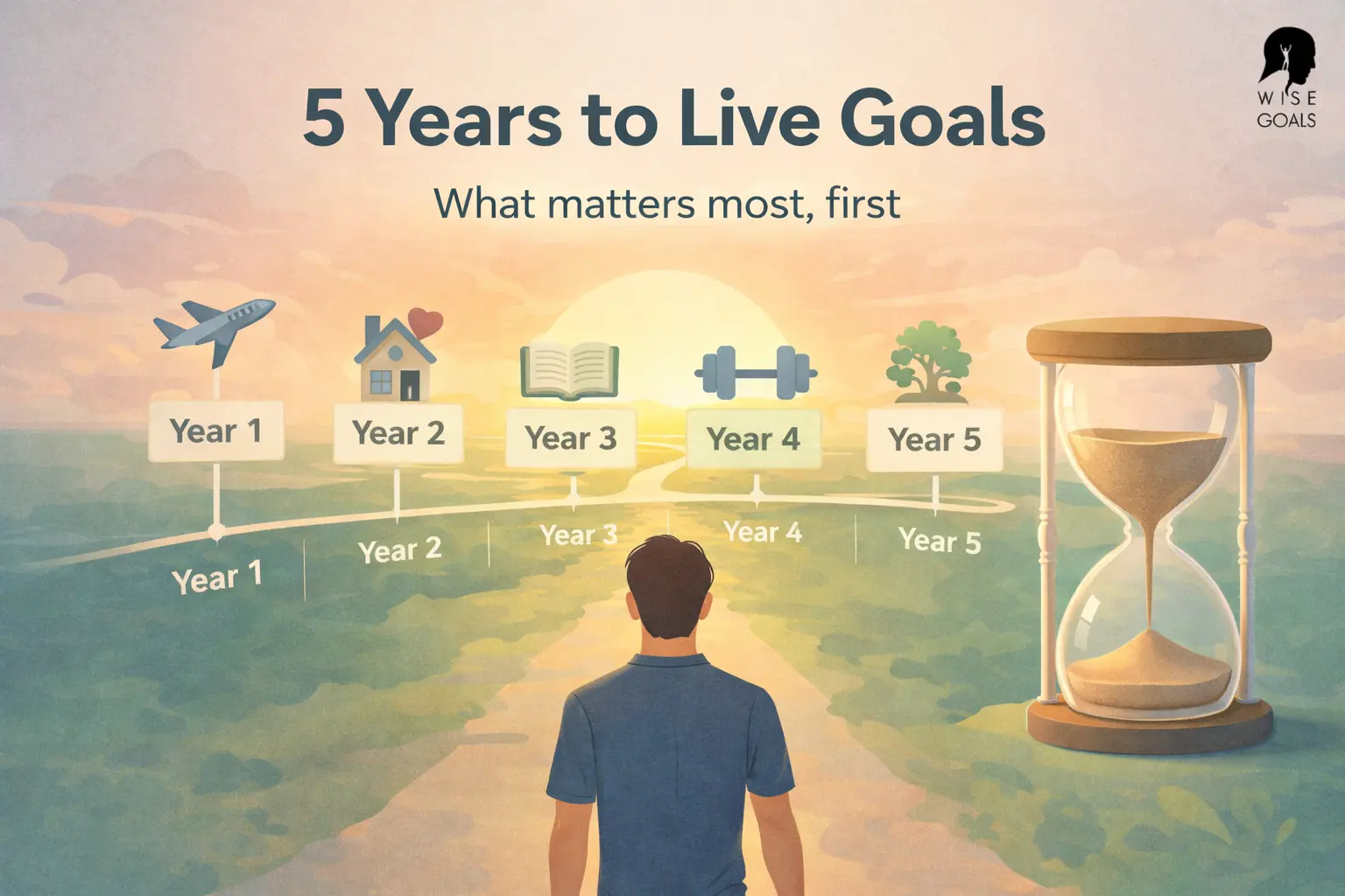 5 years to live goals - a man looking out at the sunset with a sand timer  