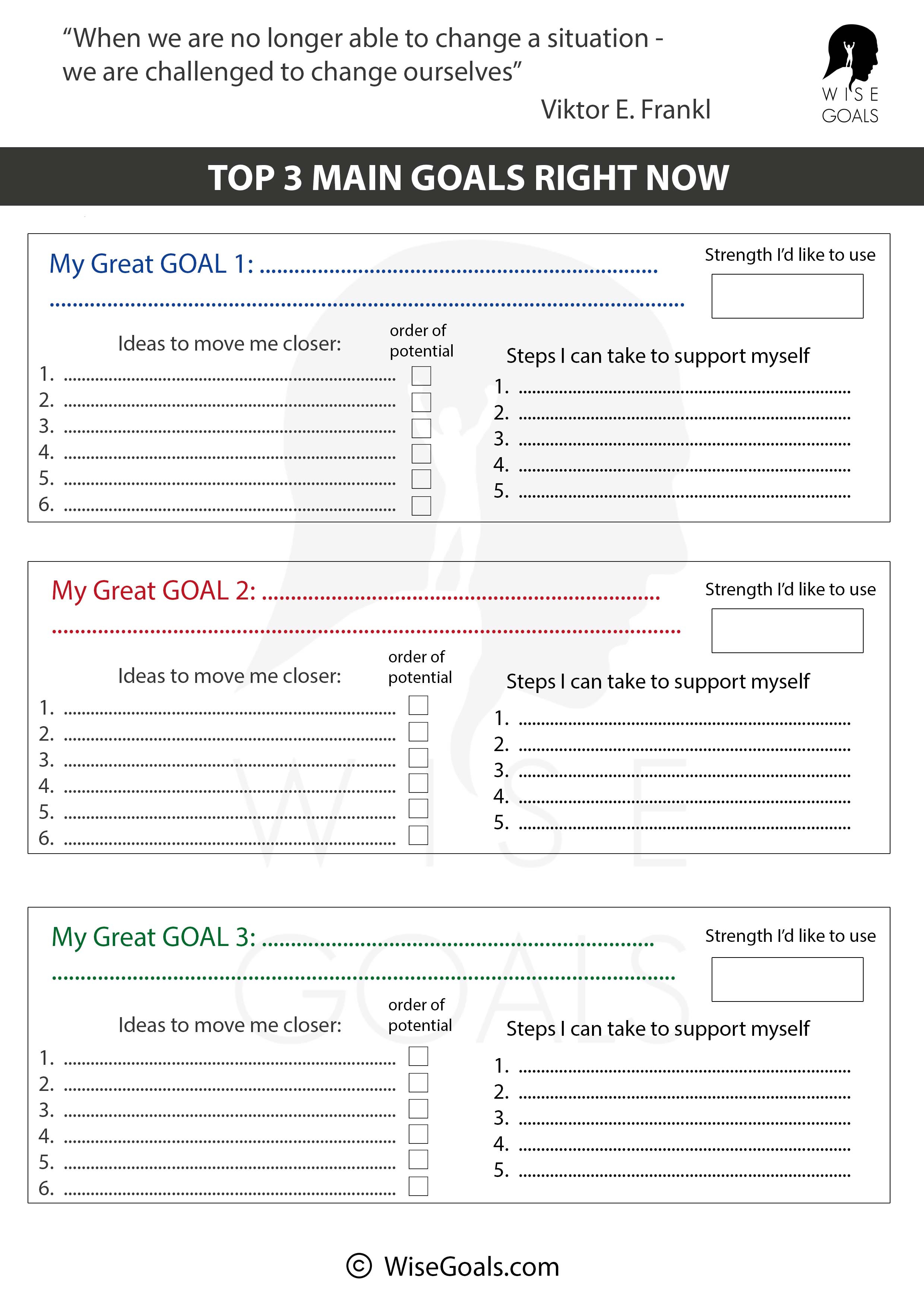 Short-Term Goal Planning Worksheet by WiseGoals: A goal-setting template focused on achieving three short-term goals with a positive psychology approach. Includes sections for identifying personal strengths, steps to support oneself, and a prioritized list of ideas based on their potential impact. Perfect for focused, strengths-based goal setting and personal development in 2025