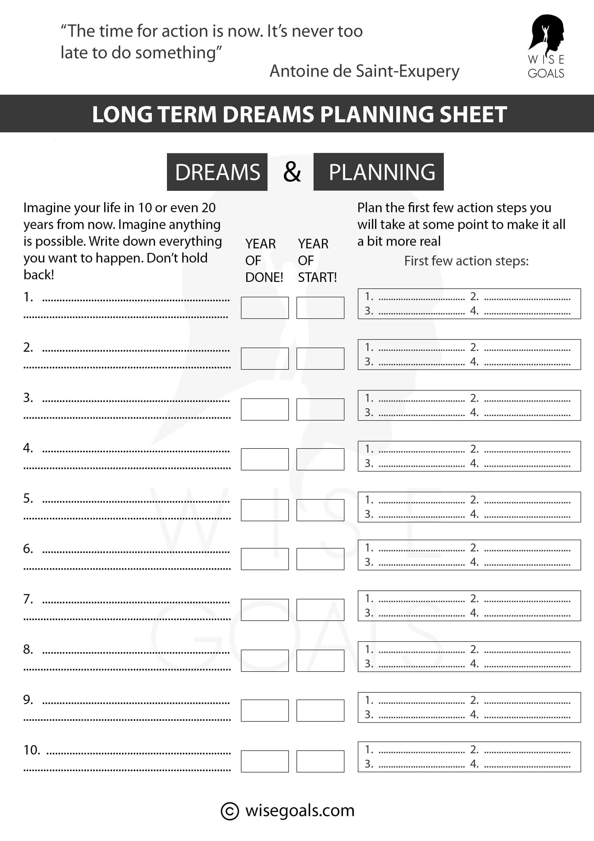 A worksheet for imagining your top ten long term goals and considering start and end dates and initial steps. Visit WiseGoals.com to download your free PDF.