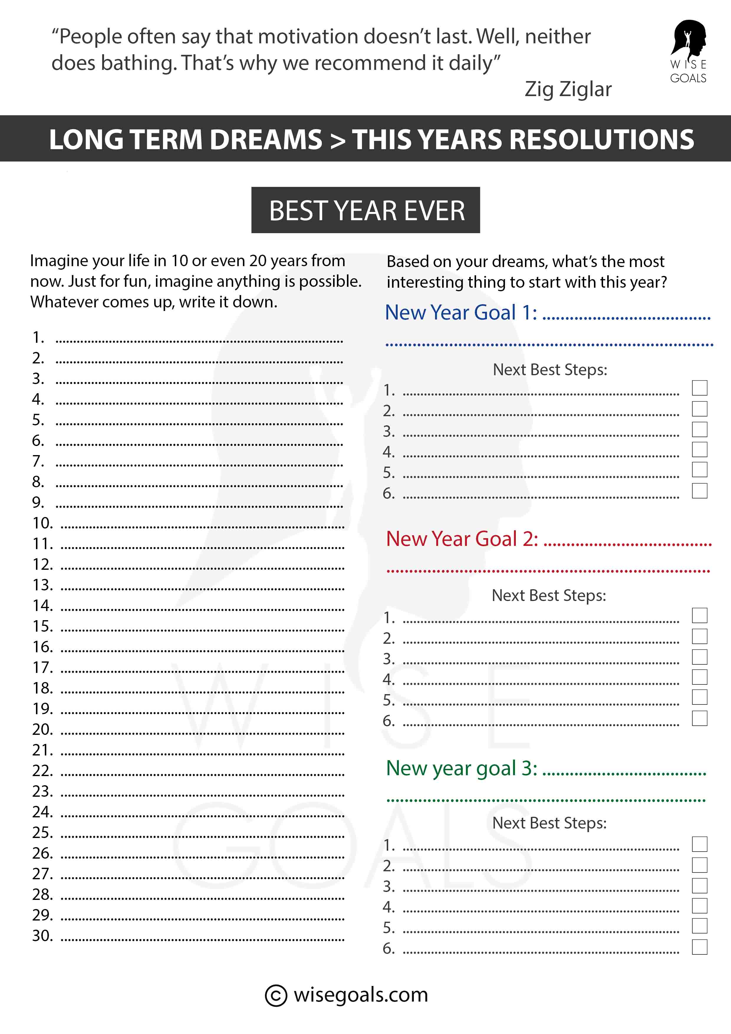 Dreams inform your resolutions worksheet