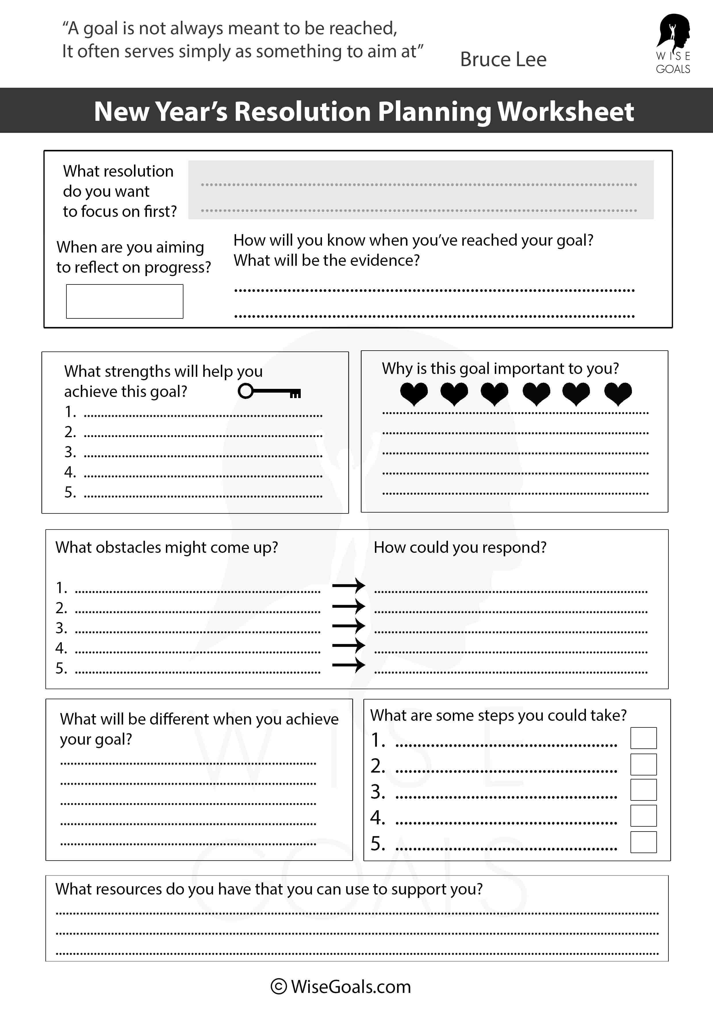 New year's resolution Planning worksheet