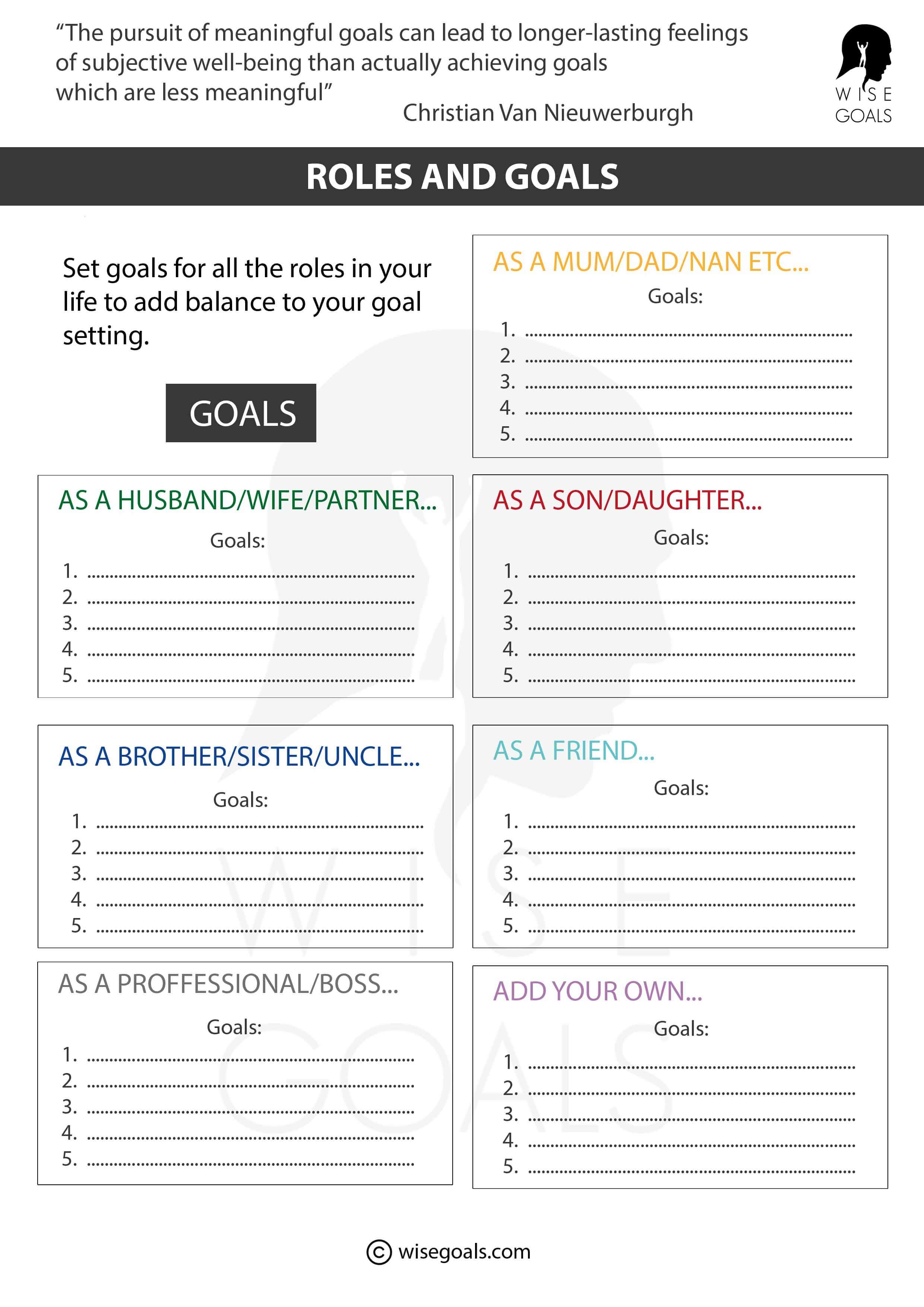 Goals in each of your life roles worksheet
