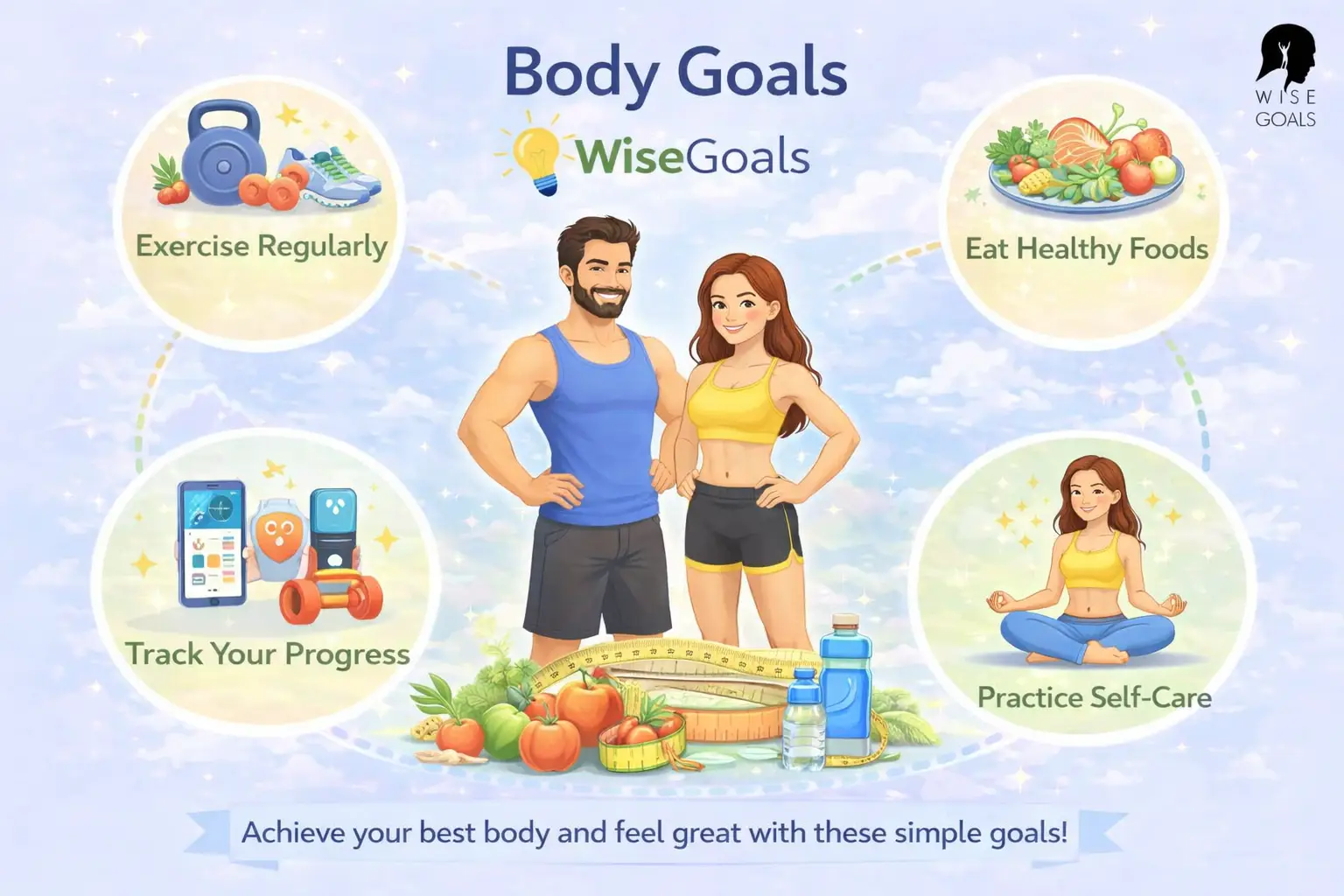 Illustrated WiseGoals infographic about body goals, showing a couple in fitness clothing surrounded by icons for exercise, healthy eating, progress tracking, and self-care.