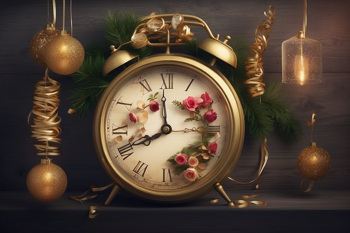 Golden new year with clock and baubles