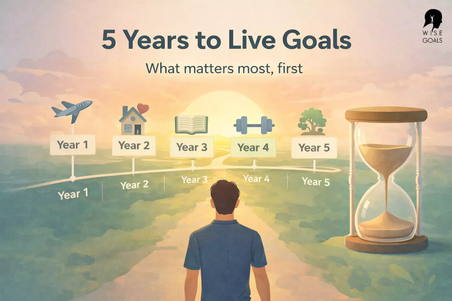 5 years to live goals - a man looking out at the sunset with a sand timer  